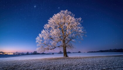 Winter night sky illuminates frosted tree in serene landscape with starry backdrop