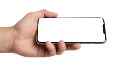 Hand holding a modern smartphone with a blank white screen in horizontal orientation