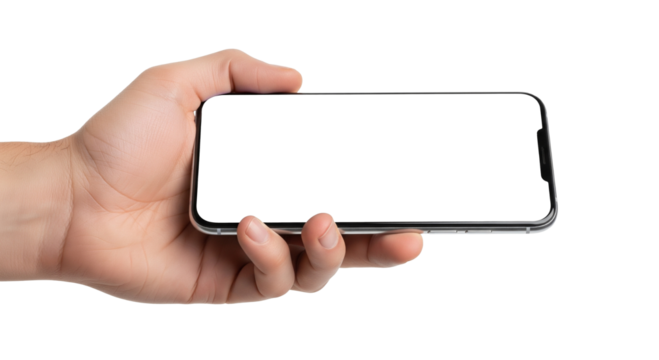 Hand holding a modern smartphone with a blank white screen in horizontal orientation - Powered by Adobe