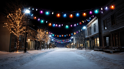 A snowy winter village scene, colorful Christmas lights decorating the streets, with an empty signpost space for text. Merry Christmas and Happy Holidays