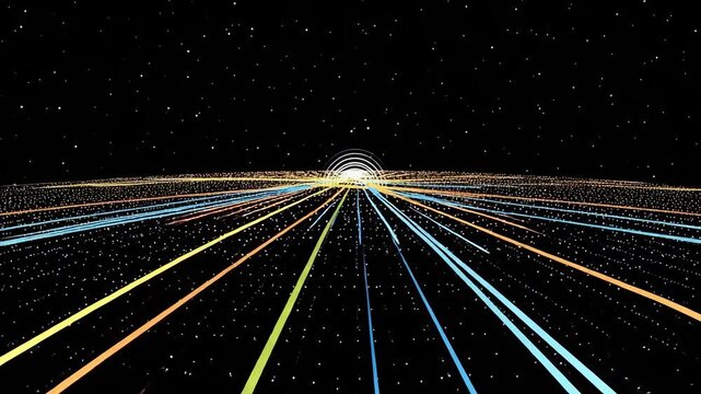 Colorful light trails extend from the bottom toward a bright horizon in a starry space scene, suggesting warp-speed travel.
