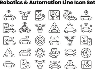 Editable black and white line vector icons of driverless cars, drones, GPS navigation, radar sensors, and automation control systems. Ideal for AI mobility and delivery technology visuals