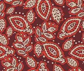 Seamless pattern hand-drawn paisley and botanical leaves. Perfect for fabric prints, wallpapers, ethnic textile designs, apparel, and home decor projects. vintage folk art inspiration.