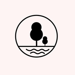 A BLACK AND WHITE LOGO SHOWING TWO TREES GROWING BENEATH FLOWING WATER