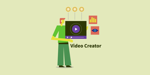 Digital creator presents monetised video platform, symbolising online views and financial growth.