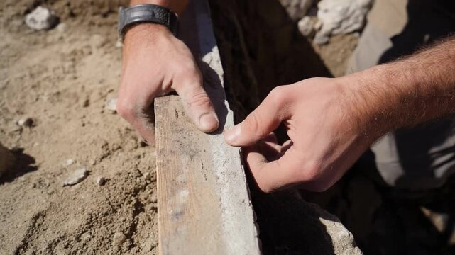 Two hands use a metal chisel and straightedge to shape a stone block in sandy ground.