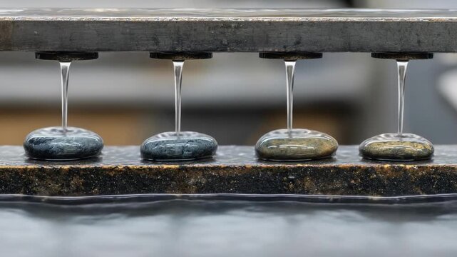Four smooth stones lined up on a rusty metal surface, with thin water jets pouring onto each stone.