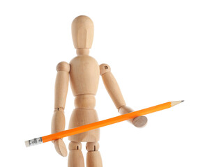 Wooden mannequin with ordinary pencil on white background