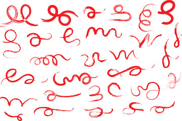 A collection of abstract red brush strokes featuring various hand drawn swirls curls and loops with a textured grunge effect