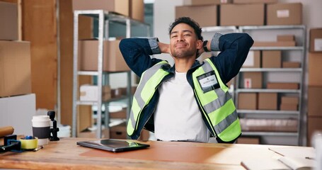 Man, laptop and smile for logistics, delivery and ecommerce startup with distribution sale. Entrepreneur, satisfied and relax for dropshipping profit, subscription service and small business funding - Powered by Adobe