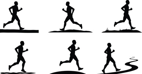 Silhouette of man running on different terrains, jogging motion, fitness exercise, outdoor athlete, healthy lifestyle concept, marathon training vector