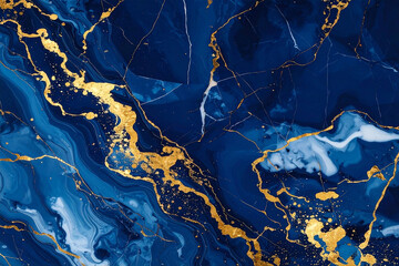 A dramatic, luxurious abstract marble texture with deep swirling navy and cobalt blues and dramatic veins and splatters of metallic gold.
