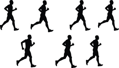 Silhouette of man running sequence, jogging motion illustration, fitness exercise, healthy lifestyle concept, athlete training, vector sports design