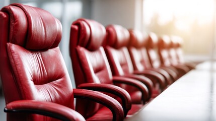Red executive office chairs arranged neatly in a modern conference room setting