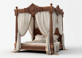 Ornate wooden four-poster bed with cream drapes