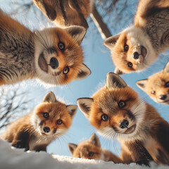 A group of curious red foxes looking down from above into the camera vulpes vulpes