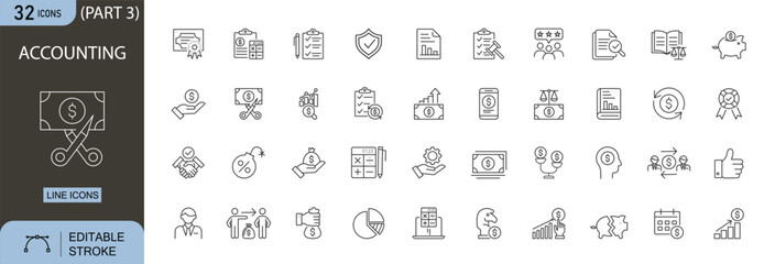 Accounting icons set. Includes icons for calculator, balance sheet, tax, audit, budget, finance, ledger, profit, expense, and cash flow. Editable stroke. Line icons. Perfect for infographics.
