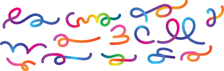 A set of vibrant colorful squiggles and abstract lines with smooth gradient effects 