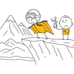 Entrepreneurial Anxiety at the Mountain Peak Figures Questioning the Reliability of the Project Before the Wingsuit Test.