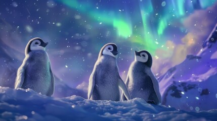 Polar Dreams — Baby Penguins Beneath the Aurora
