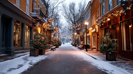 Obraz premium A snowy street lined with cozy shops decorated for Christmas, space for text above. Merry Christmas and Happy Holidays greeting card, frame, and banner. New Year. Noel. Winter Christmas theme.