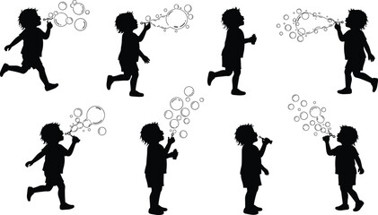 Silhouette of child blowing soap bubbles, kid playing outdoors with bubble wand, childhood fun and happiness vector illustration design