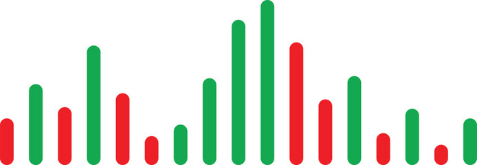 Red and green bar graph or equalizer illustration on a white background. Simple data visualization or sound wave design. Minimal modern graphic for analysis or audio themes.