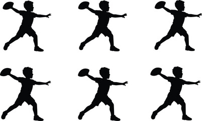 Silhouette of boy throwing football, child playing sports, outdoor activity, kids exercise, American football training, youth athletic movement illustration