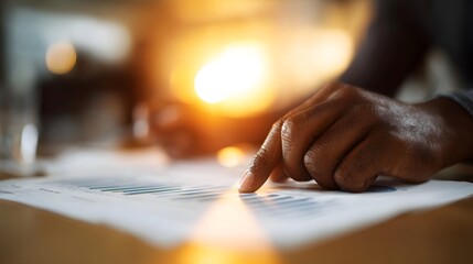 Obraz premium Close up of a hand pointing at financial data on a report with warm bright lighting