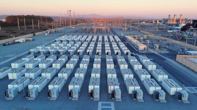 Battery Storage Rows at Grid Facility in Moss Landing During Dusk Light, one of the largest in the world, 2,500 MWh, California, USA