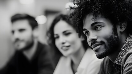 A diverse group of professionals engaged in a focused discussion in a modern office setting