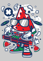 Cool Watermelon DJ Cartoon Character Mixing Music Vector Illustration.eps