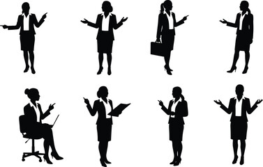 Professional businesswoman in various poses with phone, laptop, book, and briefcase, black silhouette vector illustration on white background