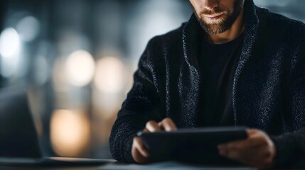 A man intently works on a tablet in a modern softly lit workspace conveying focus and business intent