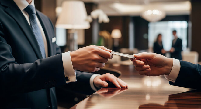 Receptionist handing electronic key card to guest at hotel front desk with copy space 