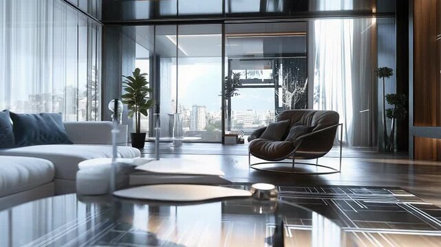 Modern living room interior blending architectural blueprint design