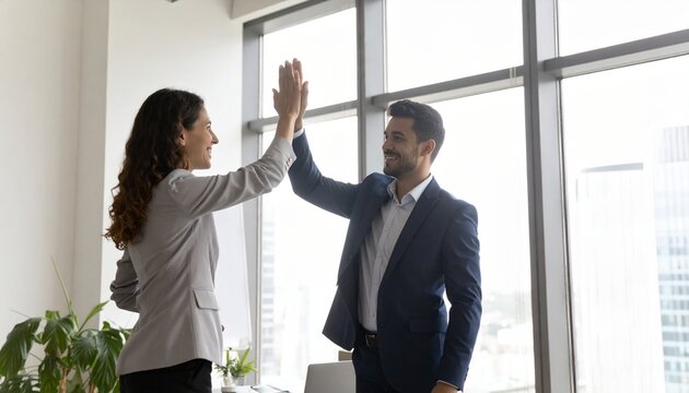 A cheerful young businessman and businesswoman in a modern office giving each other a high five to celebrate teamwork and success. - Powered by Adobe