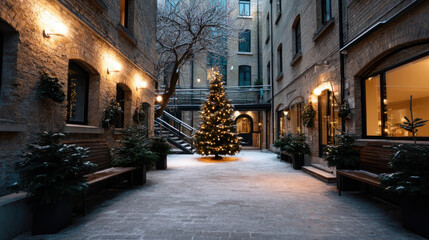 Fototapeta premium A snowy courtyard with a Christmas tree and festive decorations, with space for text at the top. Merry Christmas and Happy Holidays greeting card, frame, and banner. New Year. Noel. Winter 