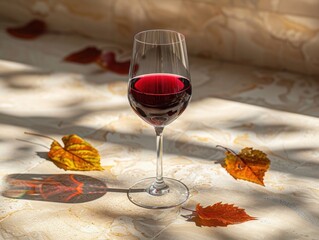 Elegant glass of red wine on marble surface with autumn leaves and soft shadows