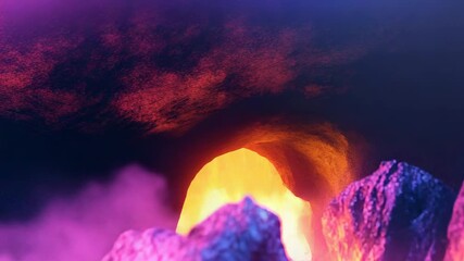 Glowing lava flowing through a vibrant neon canyon - Powered by Adobe