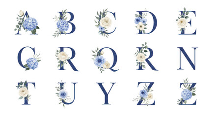 Floral Alphabet Design: A stunning collection of capital letters, each exquisitely adorned with delicate floral arrangements, presenting a fusion of elegance and artistic flair.