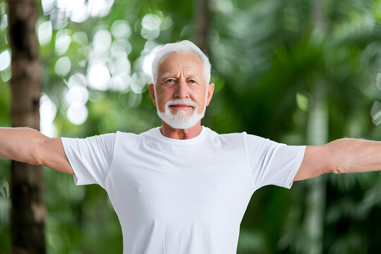 Healthy silver haired senior man confidently stretching his arms outdoors in a lush green garden, promoting wellness and an active lifestyle after retirement
