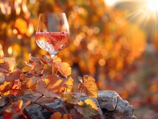 Sparkling rosé wine in a vineyard at golden hour with fall colors