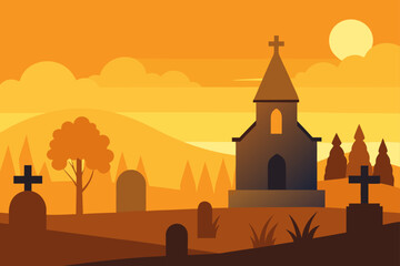 Church and graveyard scene with sunset background