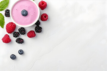 Delicious berry smoothie bowl with fresh raspberries and blackberries for healthy eating and wellness promotion, ideal for food blog or recipe template