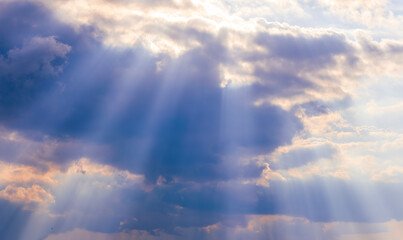 Real majestic sunrise sunset sky background with bright colorful clouds without birds. Panoramic, big size