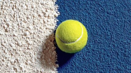 Electric-blue tennis ball on white line flat lay: gradient blue backdrop with copy space, hi-res macro texture for ecommerce hero, tournament poster or sports-app splash