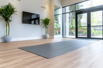 Fototapeta premium Find your zen in this calming studio space with yoga mat, perfect for fitness promotions and wellness campaigns with light wood floor and natural light