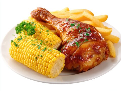 Roasted chicken drumstick, corn on the cob, and french fries on a plate - Powered by Adobe