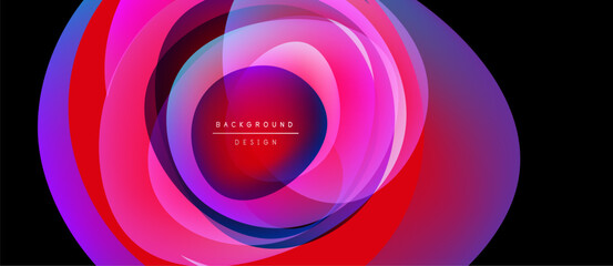 Abstract vibrant layers create dynamic circular composition. Pink, purple, blue hues blend, forming modern background design.